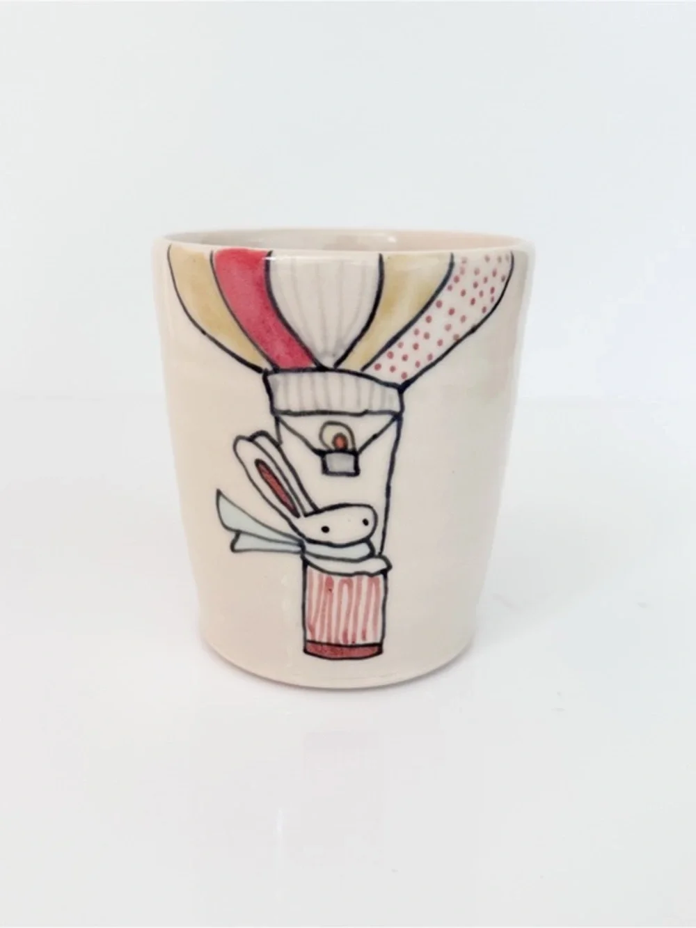 Handmade Pottery Tumbler Hot Air Balloon Bunny Illustrated Cup Artist Signed